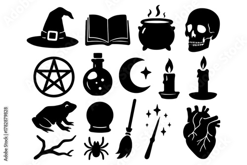 Witchcraft symbols collection: hat, book, cauldron, skull, pentagram, potion, moon, candles, frog, crystal ball, broom, heart.