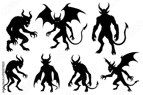 Silhouetted monsters with horns, wings, and tails in various menacing poses.