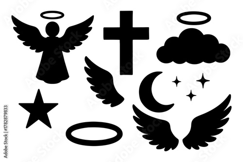 Religious symbols collection: angel, cross, halo, clouds, star, moon, wings, halo.