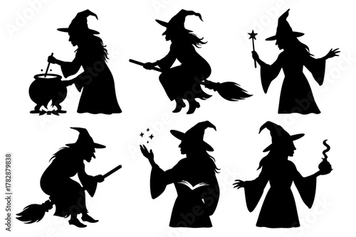 Silhouette illustrations of witches in various magical poses.
