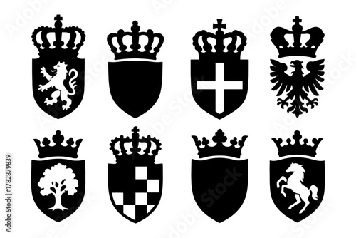 Historic heraldic shields with crowns featuring animals and symbols.