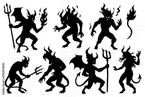 Silhouette demons with tridents and flames in various poses.