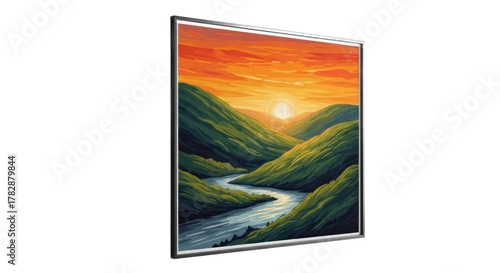 Sunset over rolling hills and river painting displayed with transparent background