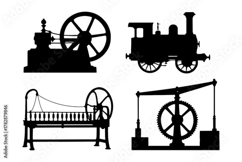 Silhouettes of vintage industrial machinery and locomotion.