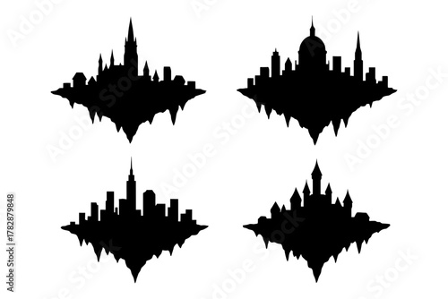 Floating castle and city silhouettes: suspended architecture art.