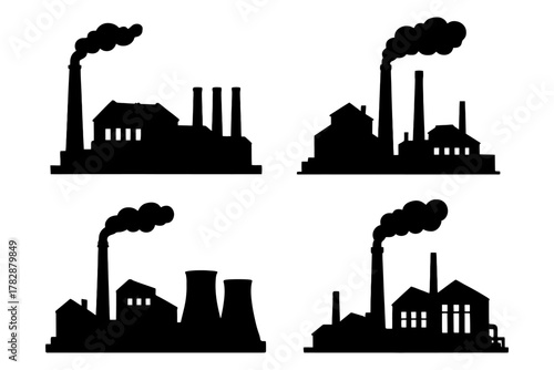 Black silhouette industrial factories with smoke stacks.