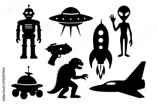Silhouettes of alien, robot, spaceship, ufo, rocket, ray gun, dinosaur.