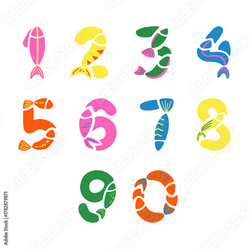 Set of Number Fish Edition for Kids, Riso Color, Learn and Play, Educational Purpose