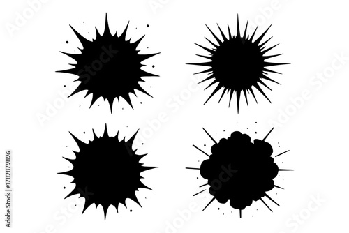 Abstract black burst shapes with spiky edges on white background.