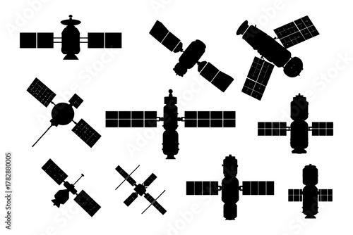 Silhouette collection of various spacecrafts with solar panels.