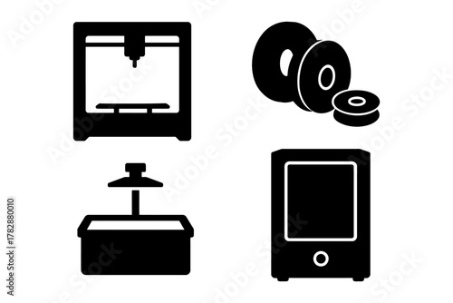 3d printing icons: printer, filament, resin vat, lcd display.