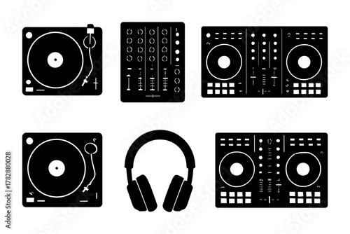 Dj equipment set: turntables, mixer, headphones, dj controllers in black silhouette.