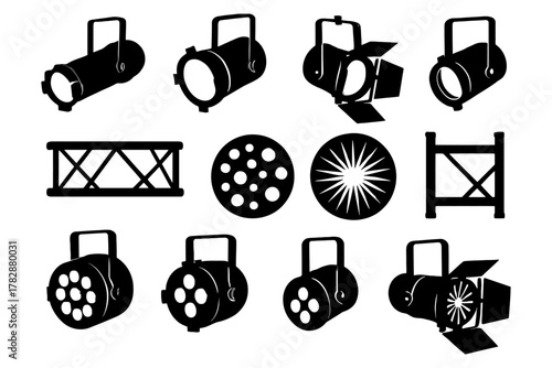 Silhouettes of stage lighting equipment and truss designs.