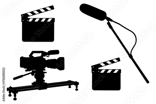 Silhouette of filmmaking equipment: camera, clapperboards, and boom microphone.