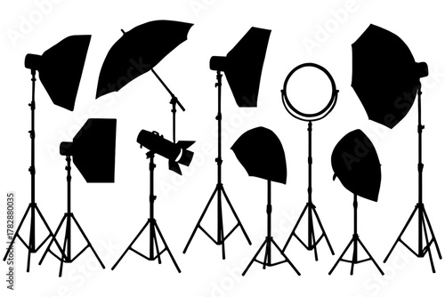 Silhouette of professional photography lighting equipment and accessories.