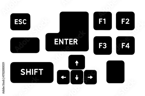 Black computer keyboard keys layout with arrows and function buttons on white background.