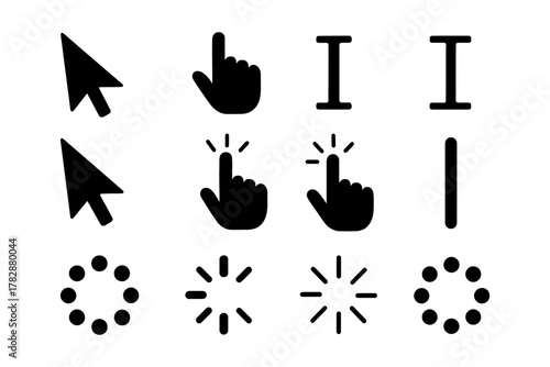Cursor, hand, and loading icon set for digital design and user interfaces.