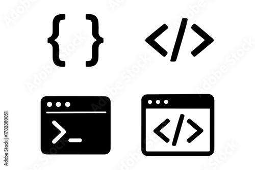 Code symbols: brackets and tags in programming and web development icons.