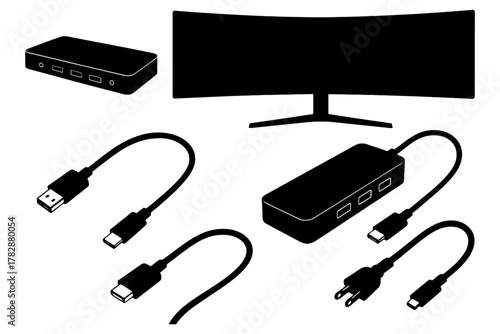 Black silhouette technology icons: monitor, usb cables, and charging devices.