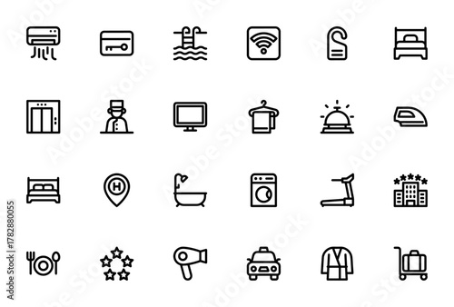 Hotel icon set. Minimal vector icons pack. Includes ymbols for air conditioner swimming pool, wifi, do nt disturb, bed, elevator, eception and more. Editabl stroke.