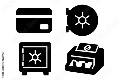 Financial security icons: credit card, vault, safe, cash machine illustrations.