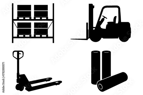 Warehouse equipment silhouettes: forklift, pallet jack, racks, and rollers.