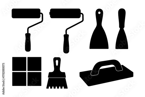 Silhouette of painting and tiling tools including rollers and scrapers.