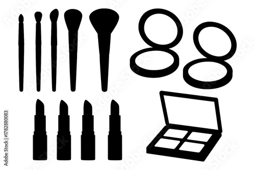 Silhouette of makeup tools: brushes, lipsticks, compacts, and eyeshadow palette.