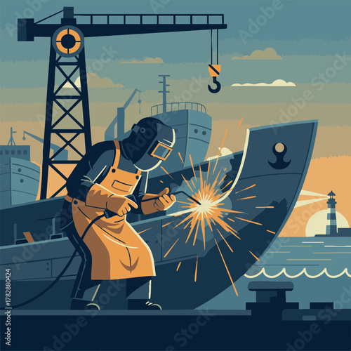 Welder working on ship hull at shipyard