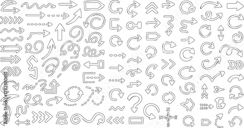Hand drawn sketchy arrow set, black doodle arrows with swirls, curves, and dashed lines, vector design elements on white background