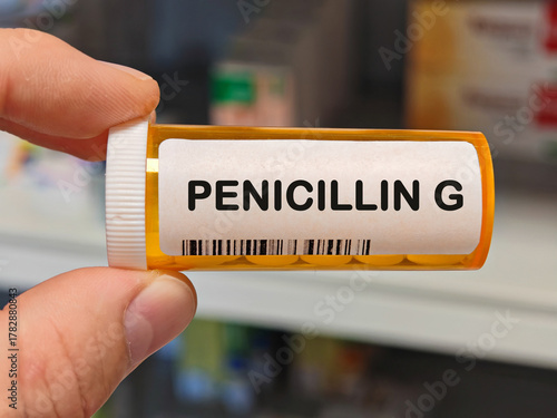 Box of PENICILLIN G tablets on a hospital pharmacy table used to treat bacterial infections a penicillin antibiotic.