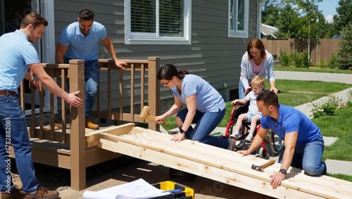 Community Volunteers Building Accessible Ramp for Family with Child in Wheelchair