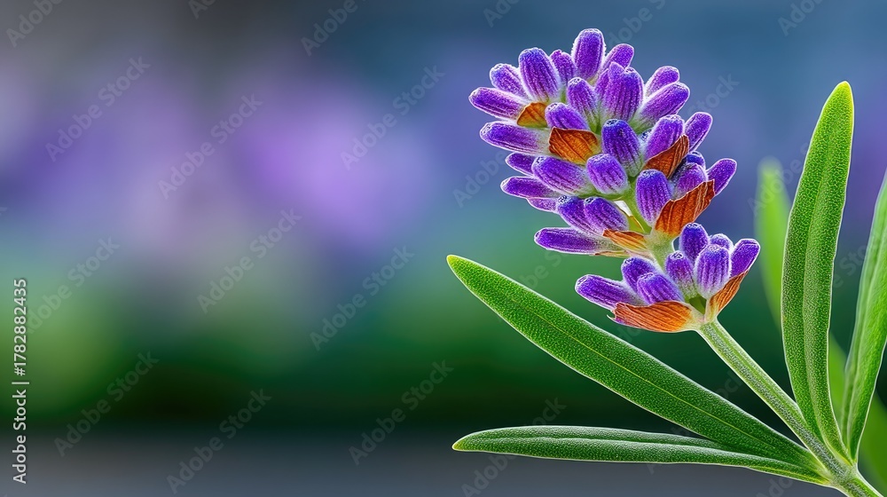 Naklejka premium High Resolution Macro Photo of a Lavender Flower with Dew Drops on Green Leaves and a Soft Bokeh Background of Purple and Green Hues in Natural Sunlight