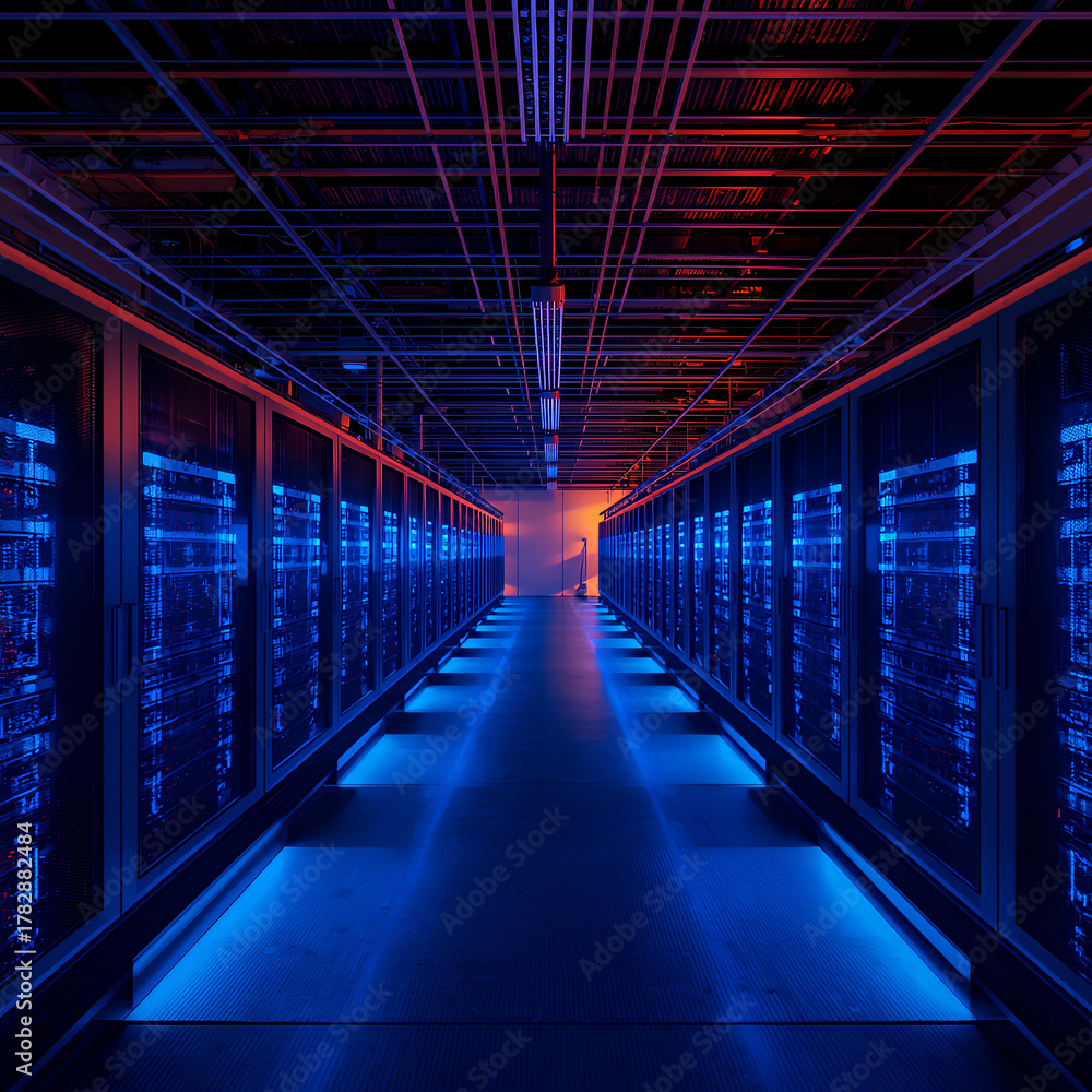Fototapeta premium Long corridor of glowing blue server racks in a modern data center with dramatic artificial lighting