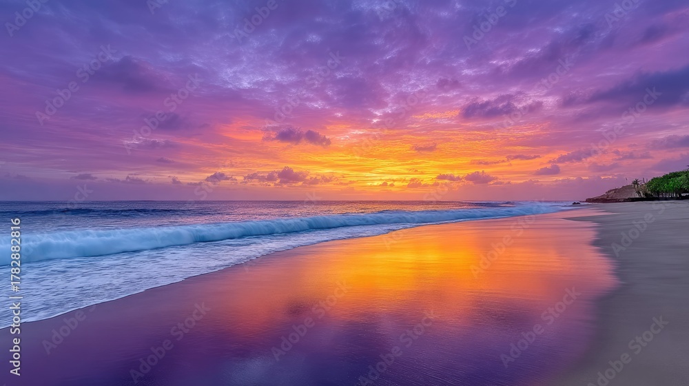 Fototapeta premium Vibrant tropical sunset over tranquil ocean waters with colorful purple and orange clouds reflecting on wet sand beach creating a serene coastal landscape scene