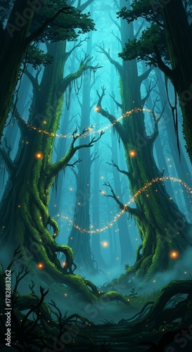Enchanted Forest with Glowing Fireflies and Ancient Trees in Soft Green and Blue, Fantasy Vertical Background