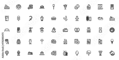 Sweets and candies icon set. Vector illustration. Inludes symbols for cake, cucake, ice cream, lollipop,candy, donut, cookie and mre. Editable stroke.