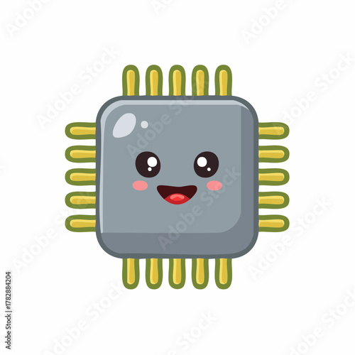 Adorable smiling computer chip cartoon character with kawaii face, perfect for tech education or kid-friendly electronics marketing projects, originally vector graphics