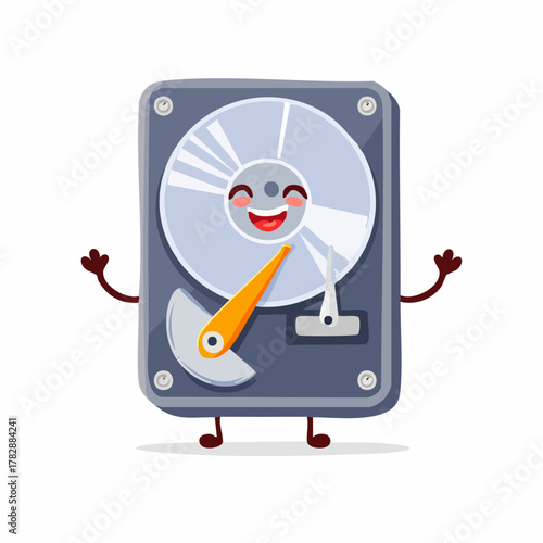 Cheerful hard drive cartoon character bringing a fun tech vibe, ideal for engaging content or educational resources for kids, tech blogs, or humorous presentations