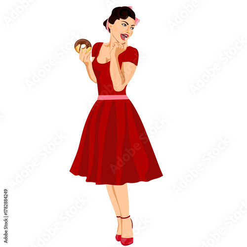 A girl in red with a donut in retro style