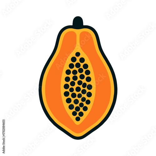 Minimalist illustration of a halved papaya with seeds on white background.