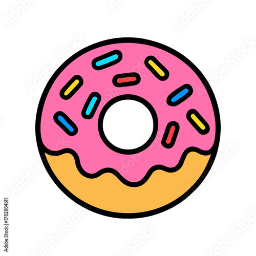Colorful sprinkled donut with pink icing on white background.