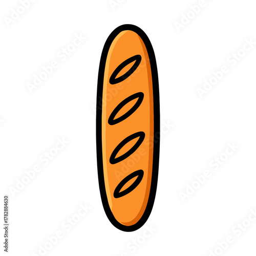 Cartoon baguette with crusty texture and slashes on white background.