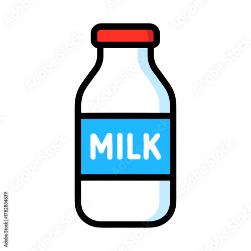Illustration of milk bottle with red cap and blue label design.