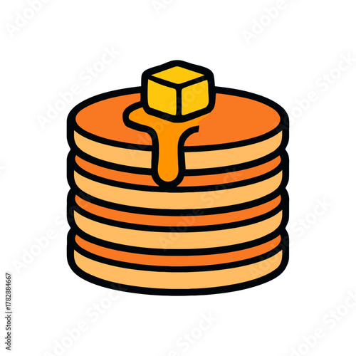 Stack of pancakes with melting butter and dripping syrup.