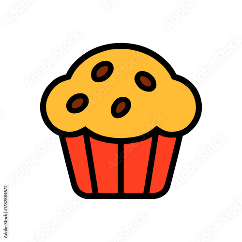 Colorful muffin with chocolate chips in red wrapper on white background.