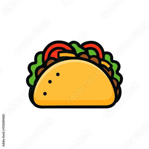 Colorful taco icon with lettuce, tomatoes, and meat filling on white background.
