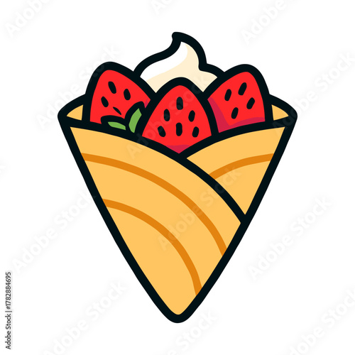 Delicious strawberry crepe with whipped cream - dessert vector art.