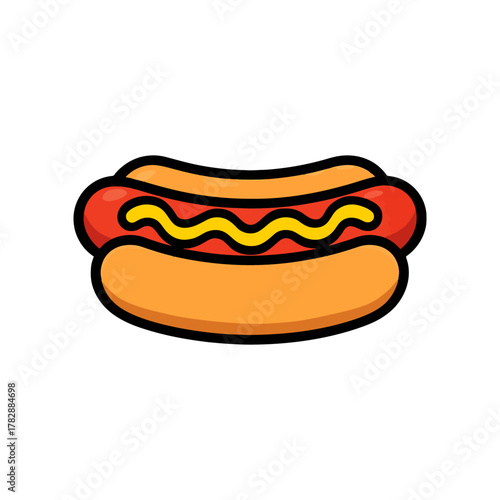 Cartoon style hot dog with mustard topping in bun.