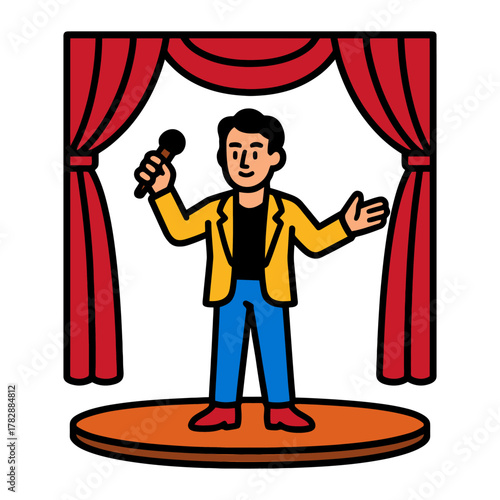 Male stand-up comedian performing on stage with red curtains.